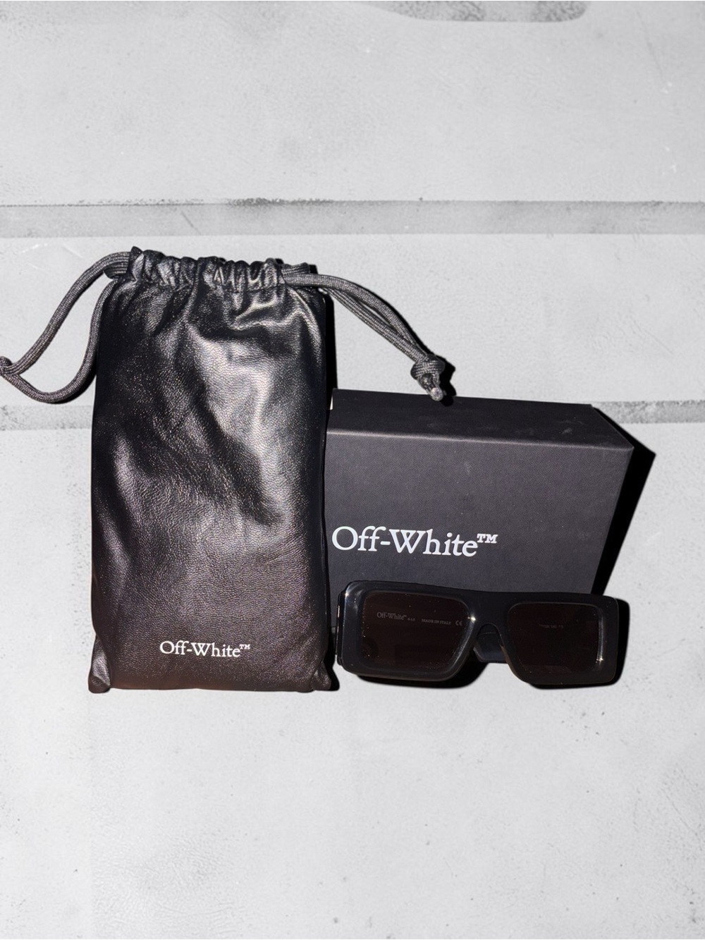 Off-White Sunglasses with Black Leather Drawstring Pouch and Branded Box